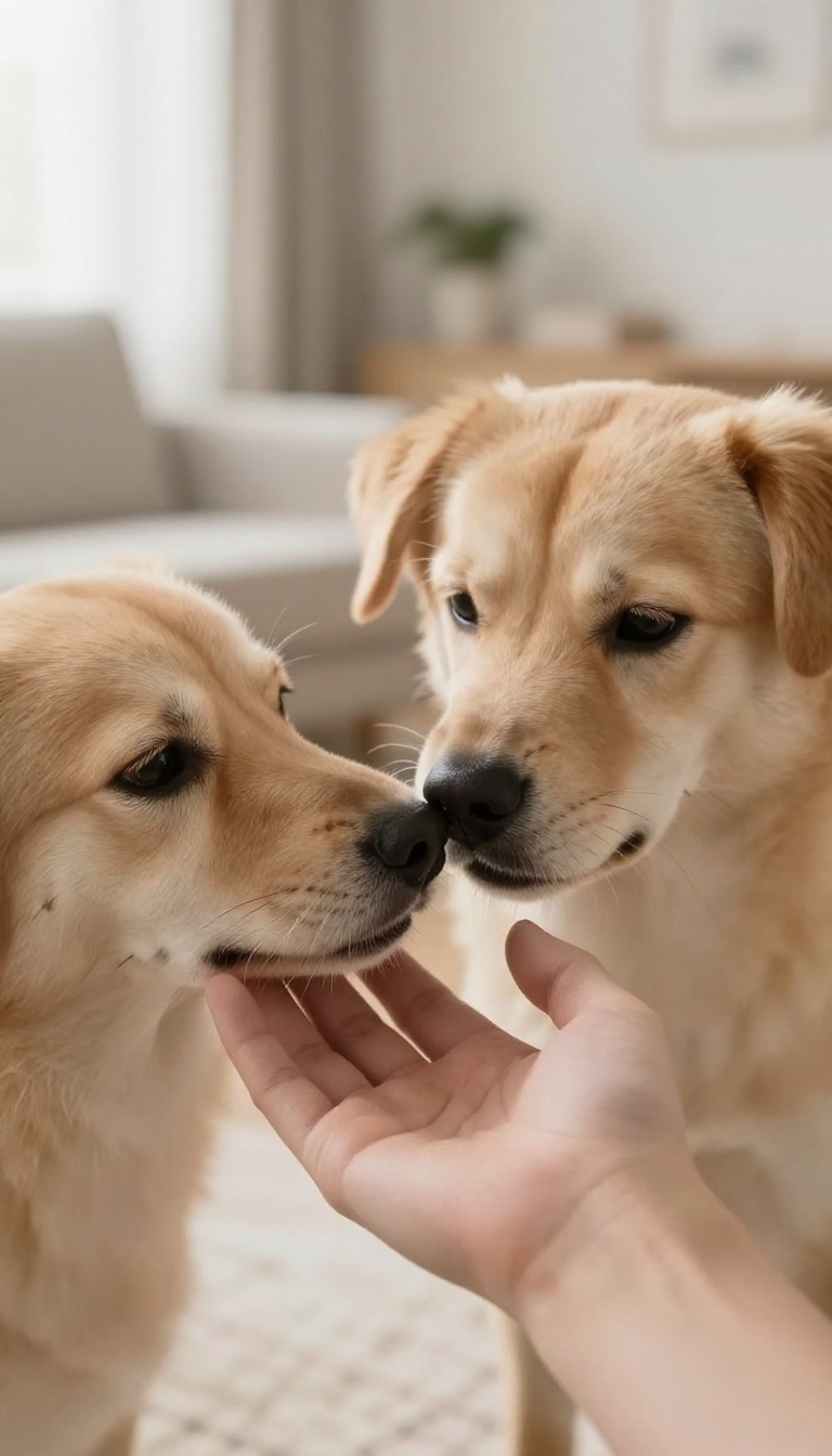 Person offering hand for consent-based petting to a shy dog, who sniffs it gently in a bright living room