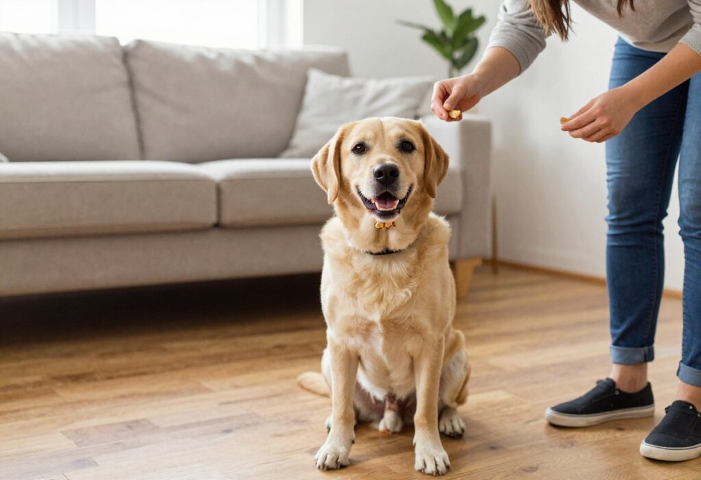 Dog holding a toy during a drop it training session