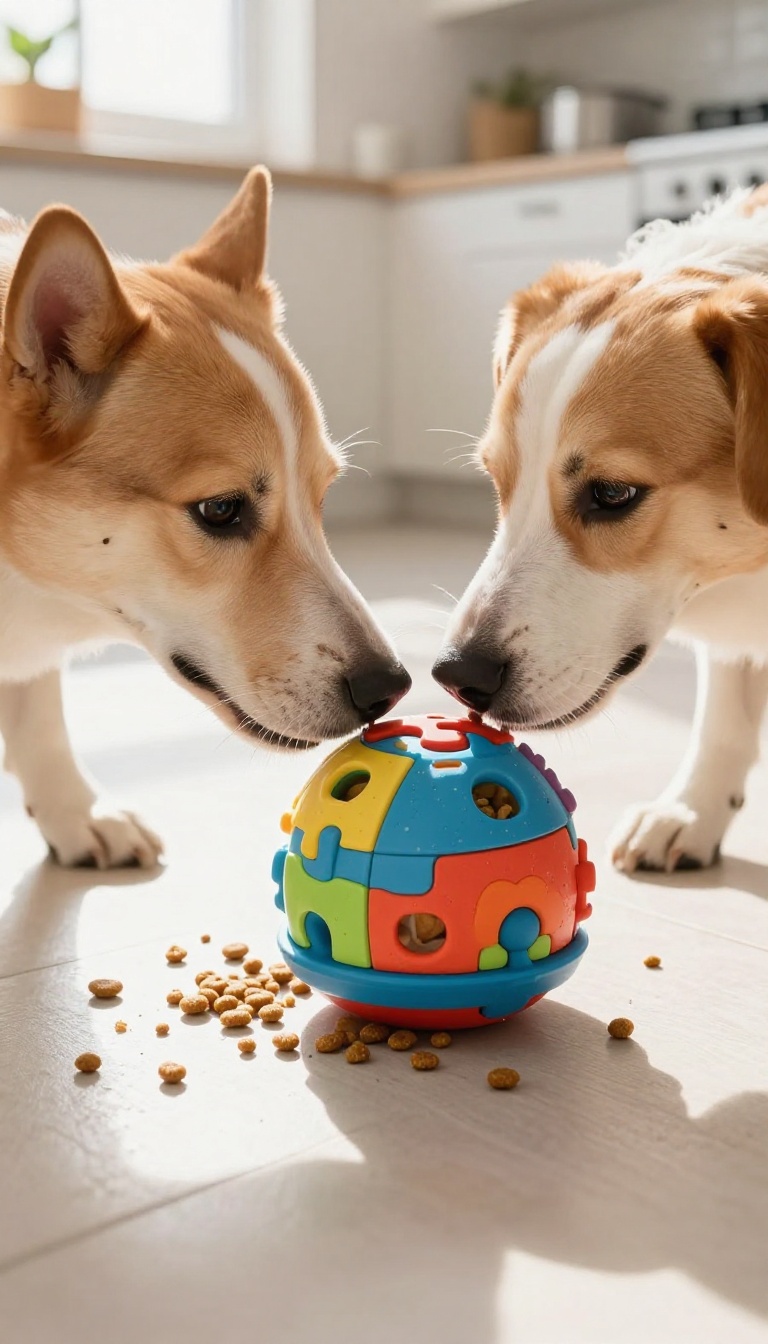 Dog using a puzzle feeder toy during mealtime