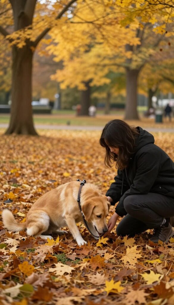 A dog calmly sniffing the ground during a cool-down moment at the end of a fall walk, with a person checking its paw.