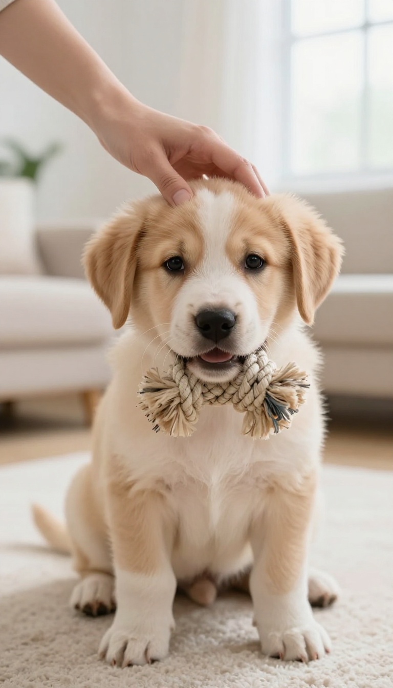 Puppy gently holding a rope toy while being petted, illustrating bite inhibition training.