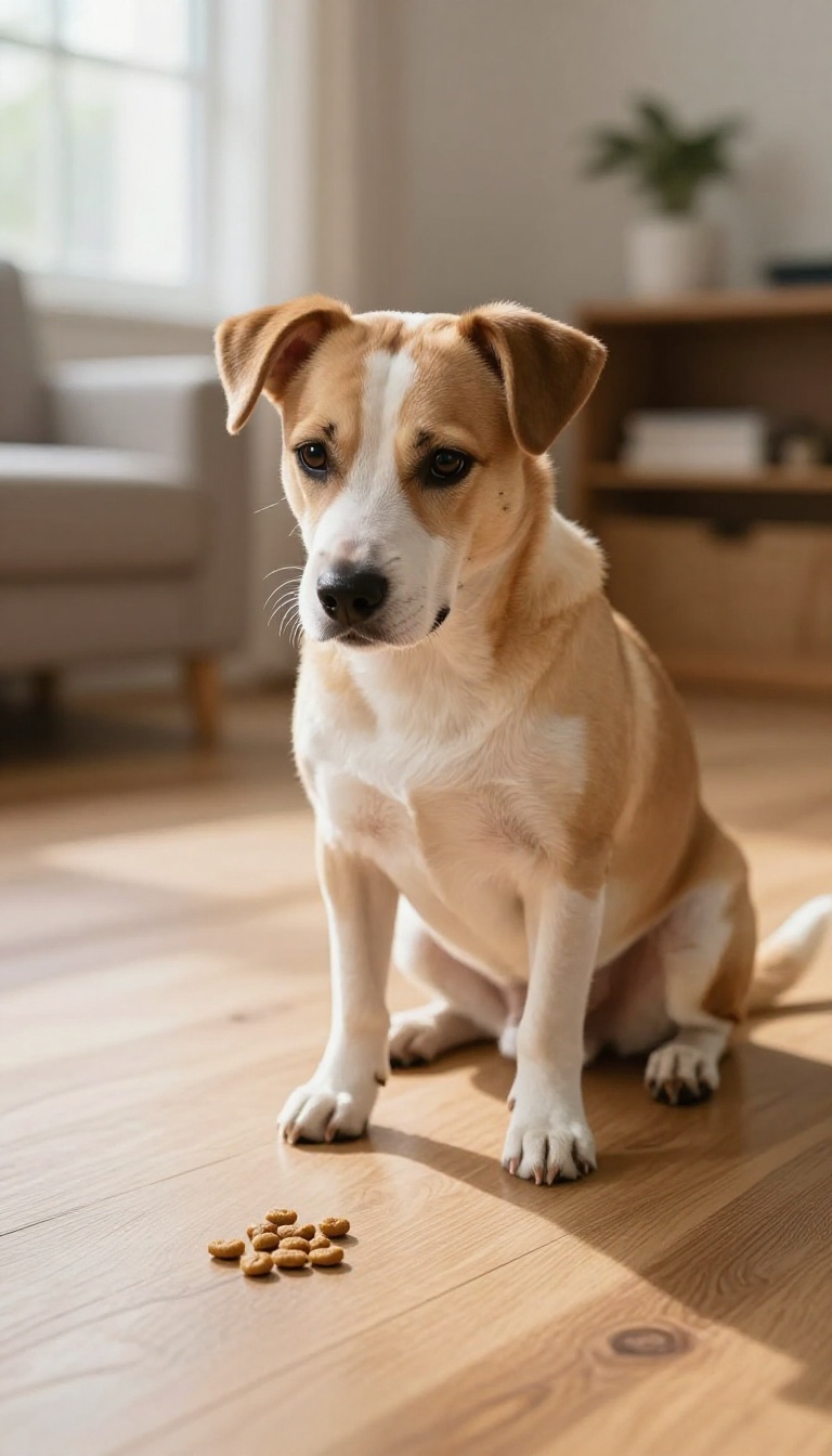 Dog holding a stay while a treat is placed on the floor in front of it, demonstrating the food drop challenge.