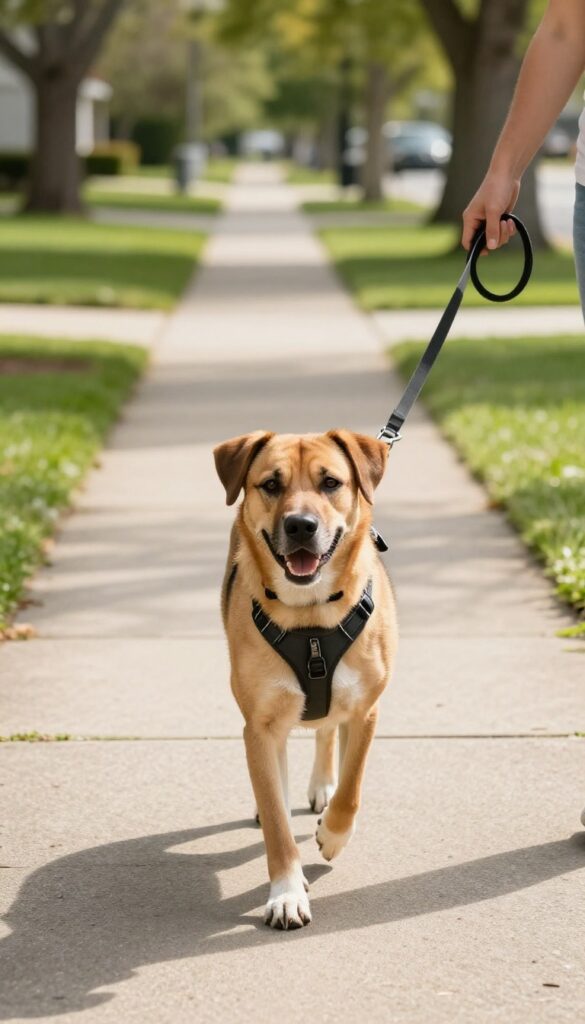 Dog wearing a front-clip harness walking calmly on a sunny sidewalk with a loose leash