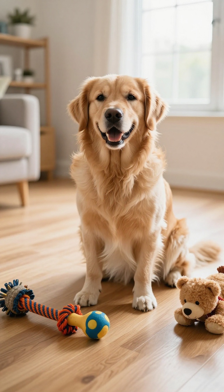 Golden retriever with a toy in its mouth surrounded by a variety of dog toys in a bright room