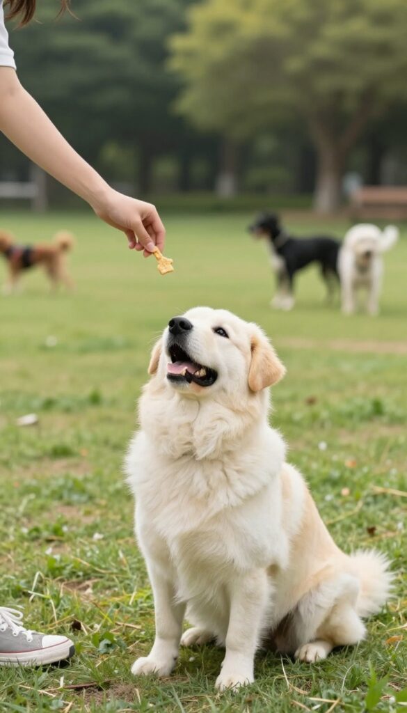A dog calmly looking at a treat held by its owner during a training session in a park.