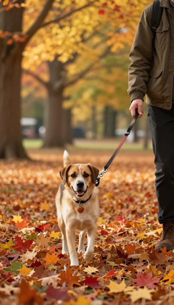 Person rewarding a dog with a treat during a loose-leash walk in an autumn park, with colorful leaves on the ground.