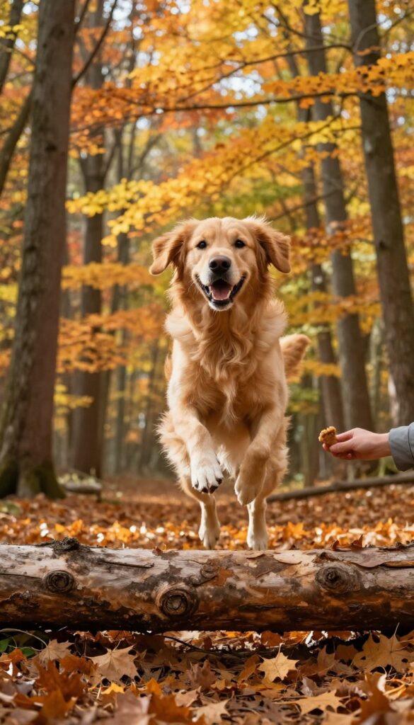 A golden retriever jumping over a log in a sunny autumn forest during an agility training session.