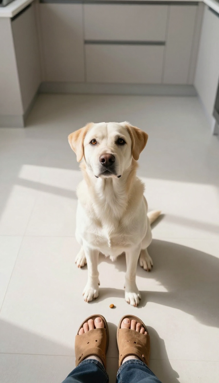 Dog looking up at camera while a person's foot covers a piece of kibble on the floor, illustrating a 'leave it' training drill.