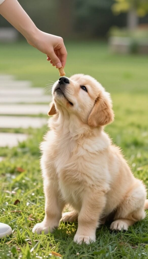 Puppy sitting on grass looking up at a treat held by a hand during potty training