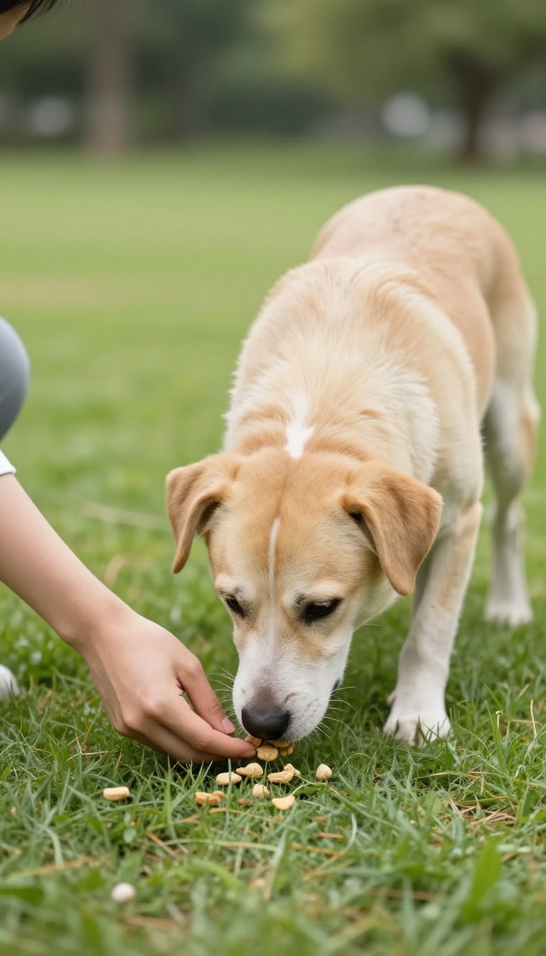 Dog sniffing treats on the ground during a training session