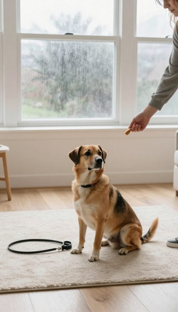 Dog practicing stay command in a bright living room on a rainy day