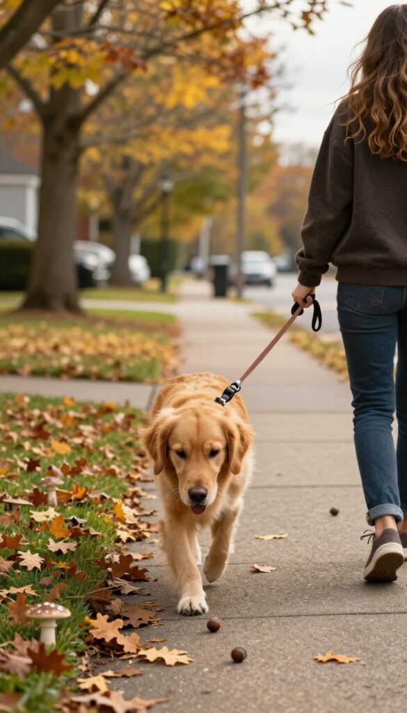 Dog owner guiding a golden retriever away from acorns on an autumn sidewalk
