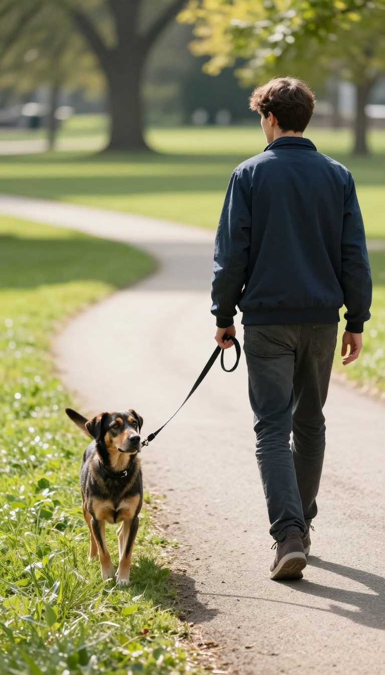 Person changing direction on a walk with a dog, dog looking up attentively
