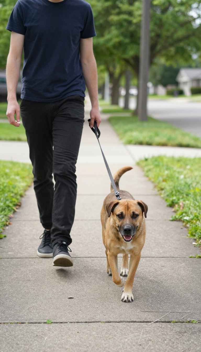 Person rewarding a calm dog with a treat during a walk on a sunny sidewalk.