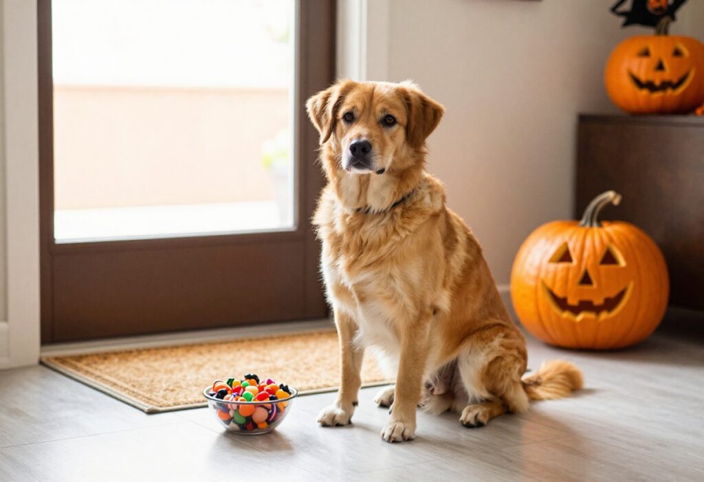 A dog sitting calmly on a mat near a front door with Halloween decorations and candy nearby