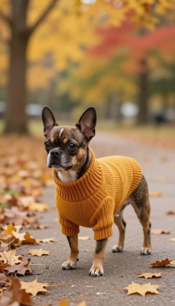 Small dog wearing a cozy sweater during a fall walk