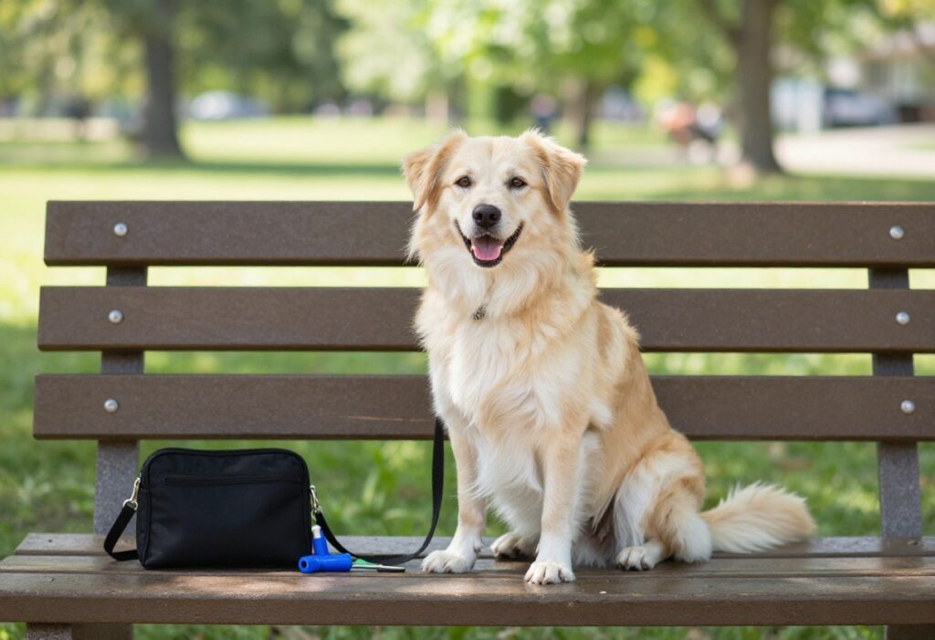 Dog sitting calmly during a training session in a park