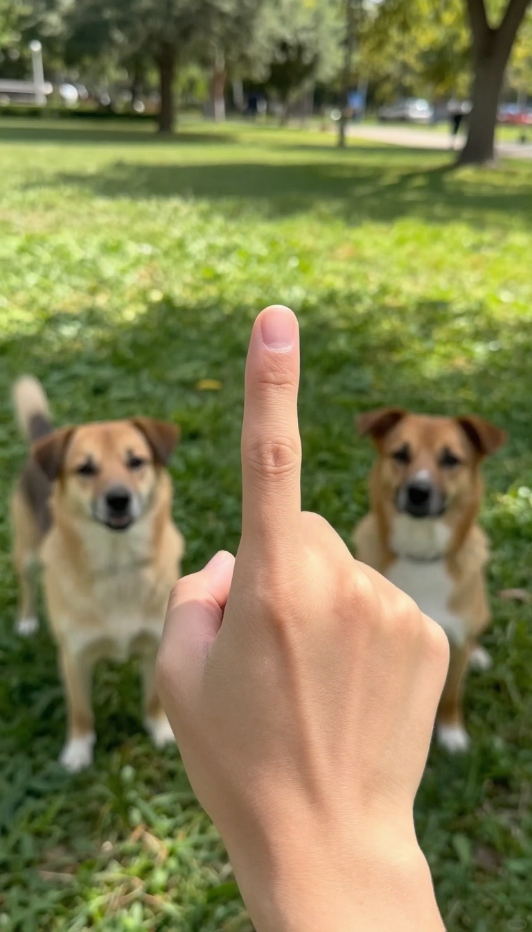 Hand snapping fingers while a dog looks attentively in a sunny park