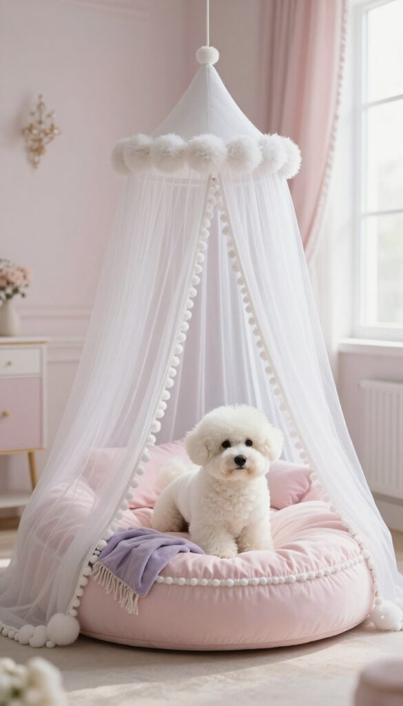 A pastel princess-themed dog bed with a white canopy trimmed with fluffy pom-poms, set in a bright, dreamy room.