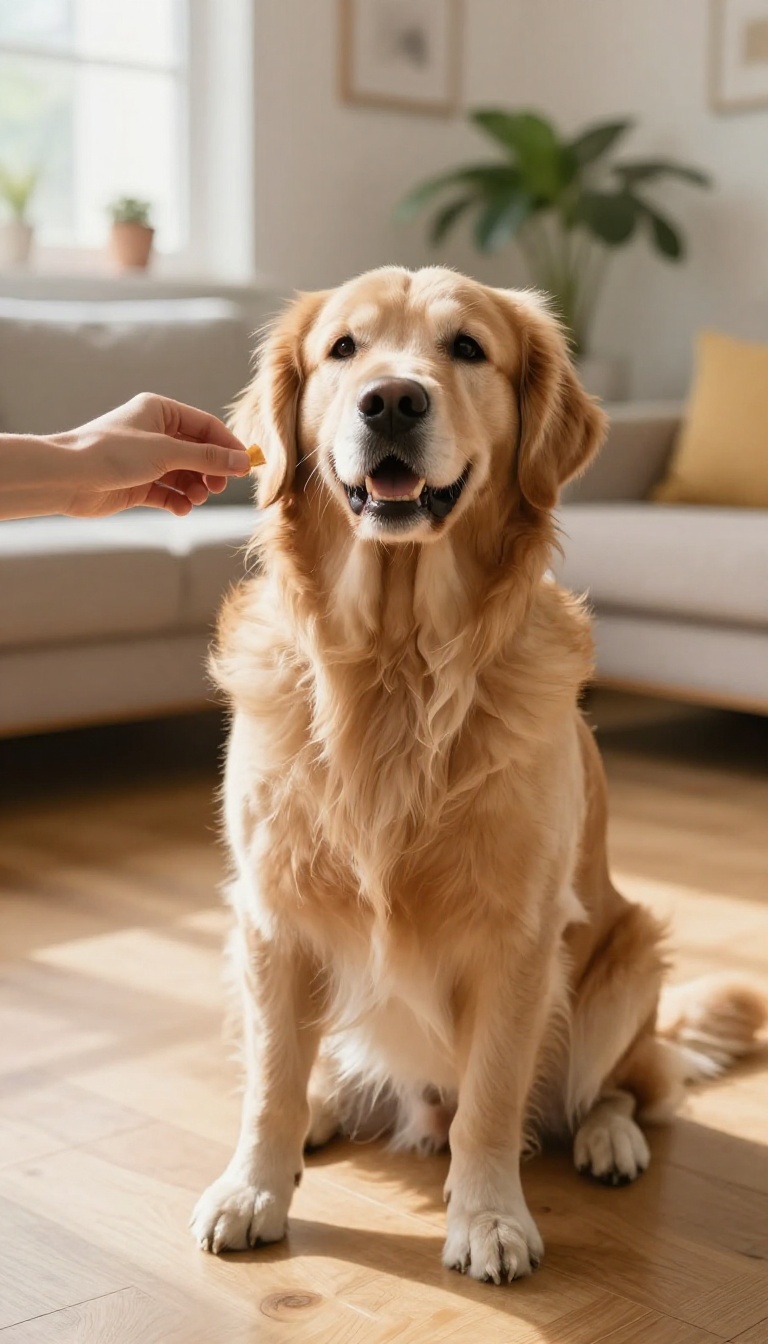 Senior dog learning a wave trick with a treat in a bright living room