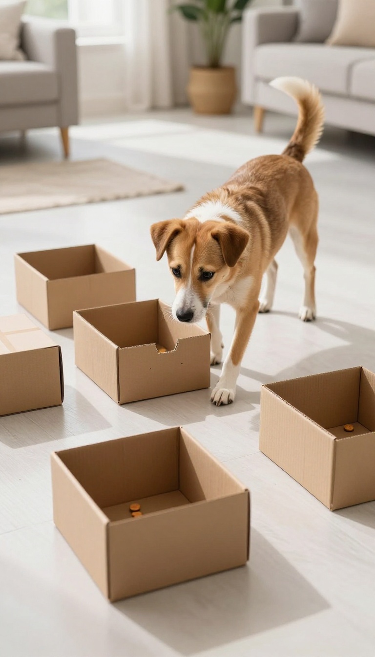 Dog exploring a cardboard box maze with treats hidden inside, in a bright living room.