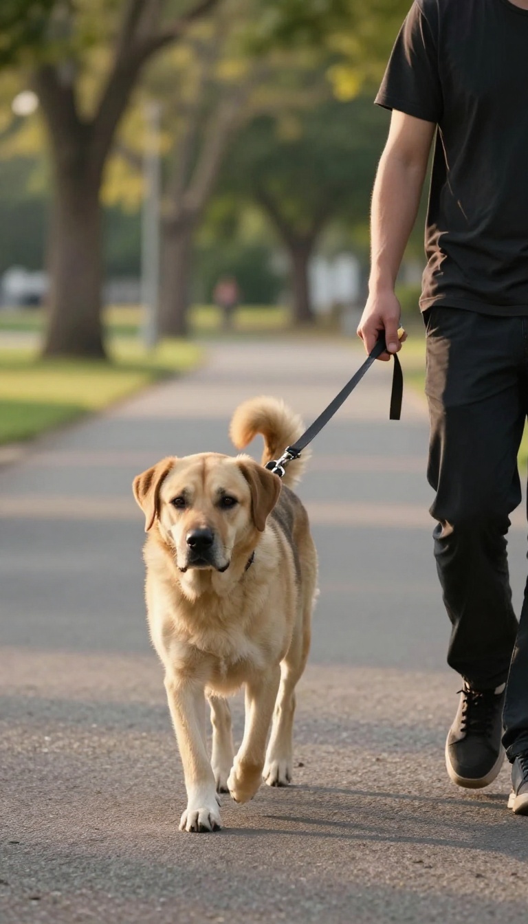 Person walking a dog in a quiet park during golden hour, dog in heel position, peaceful low-distraction setting