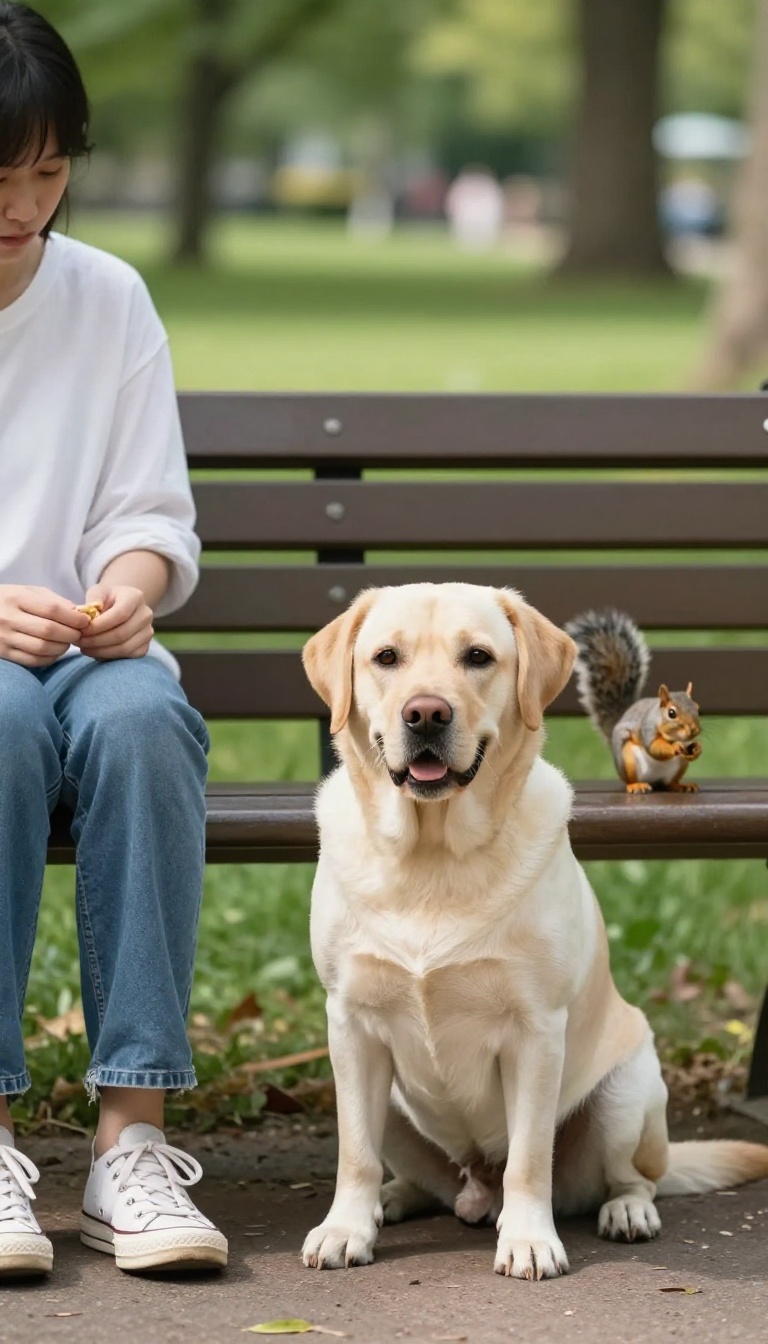 Dog focusing on owner at park with squirrel in background