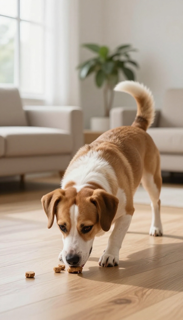 Dog sniffing the floor during a nose work game in a bright living room