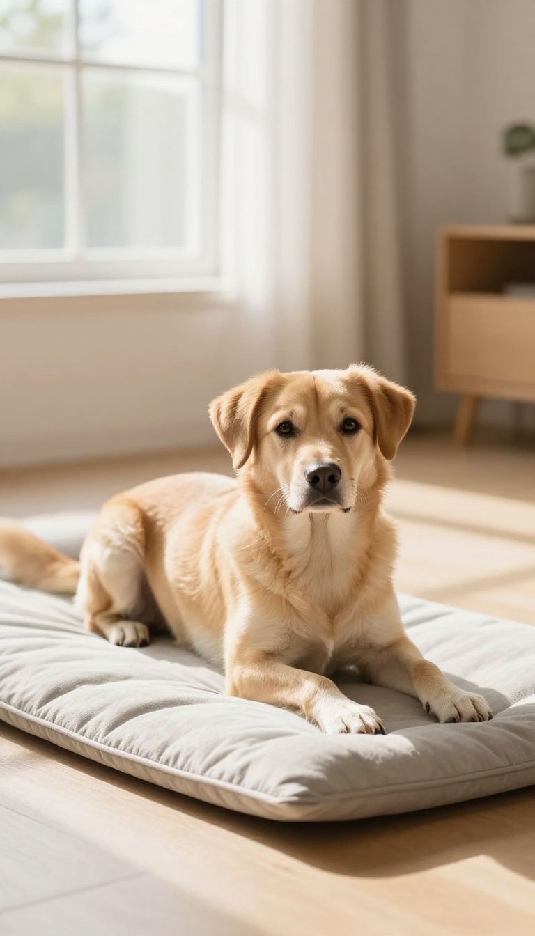 Calm dog lying on a mat in a bright living room, illustrating a training session for increasing stay duration.