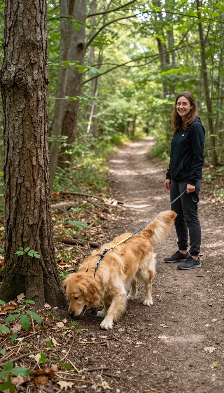 Dog training recall at the edge of a trail with a long leash