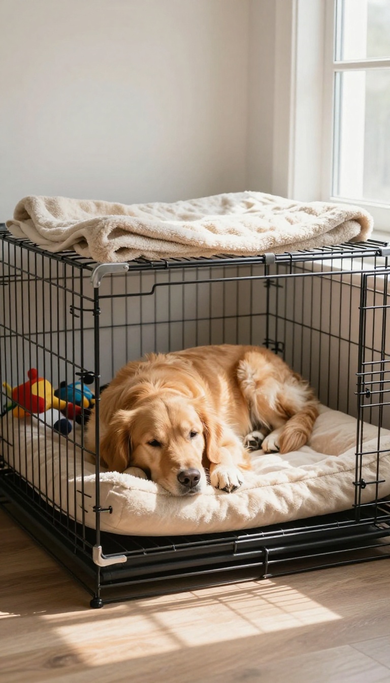 A happy dog resting in a cozy crate with soft bedding and toys in a bright room