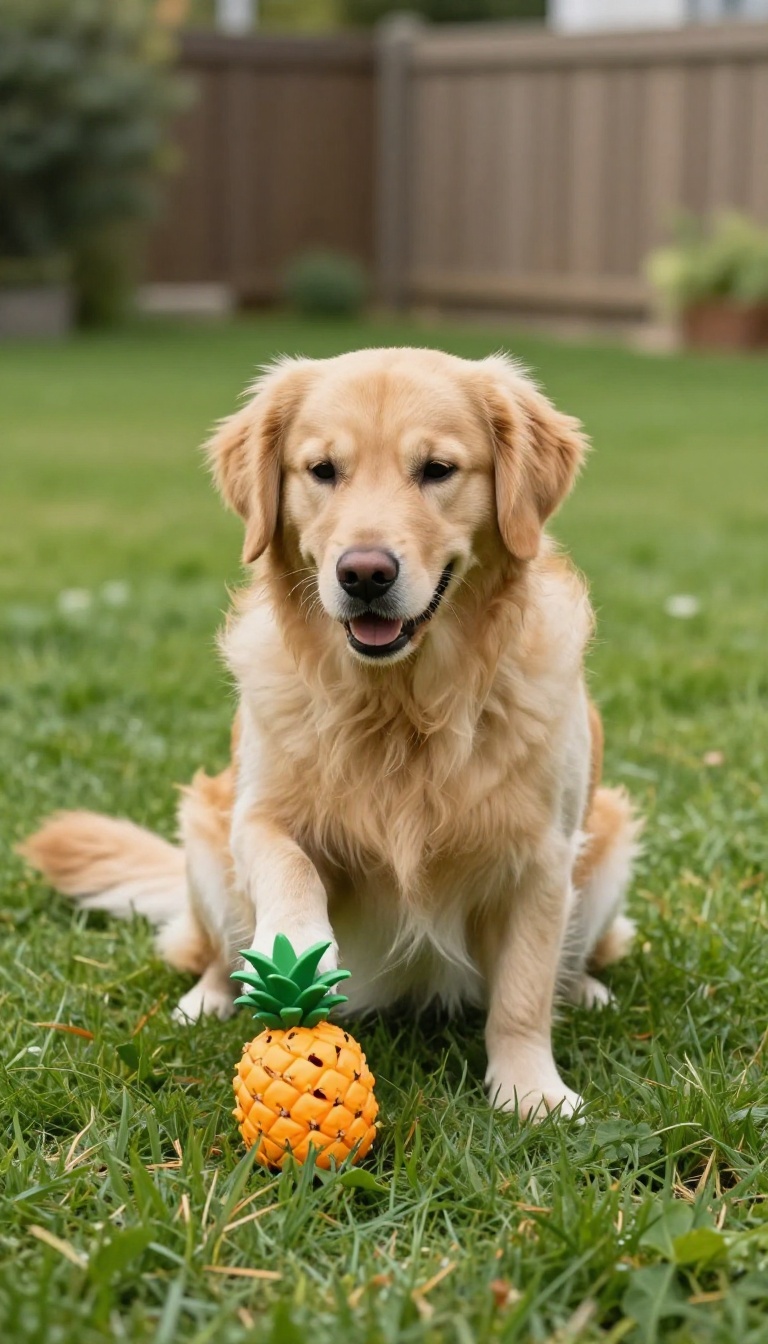 Dog solving a puzzle toy in a sunny backyard