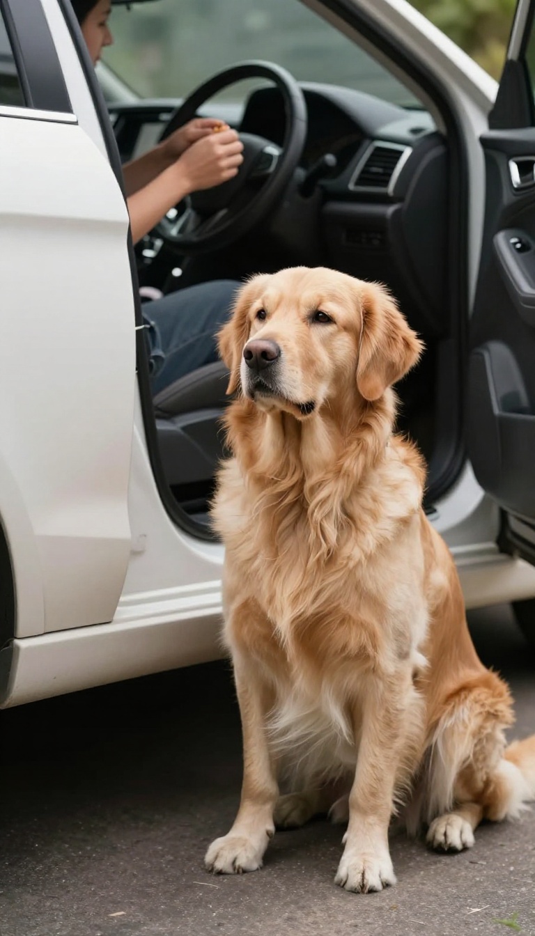 Calm dog sitting by open car door during training
