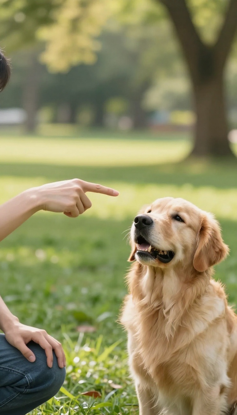 Person using a hand signal to get a dog's attention in a sunny park