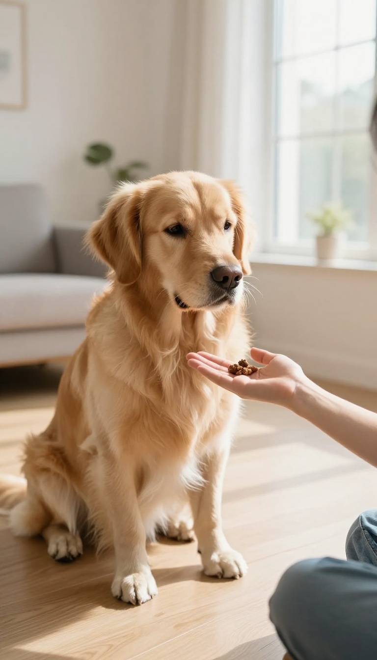 A dog sitting and waiting for a treat while a person holds up an open palm in a stop gesture, in a bright living room.