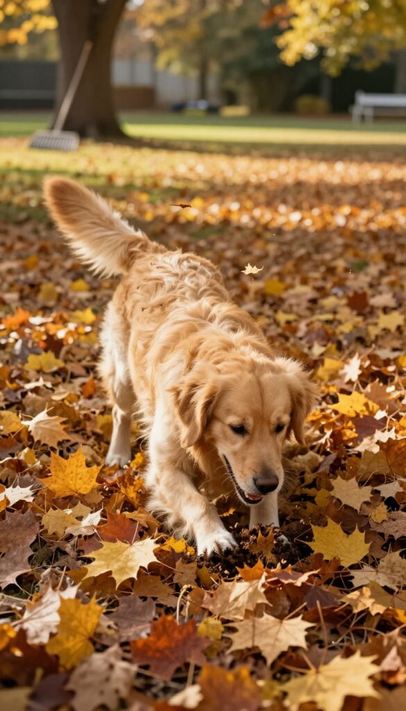 Golden retriever playing in a pile of autumn leaves in a sunny backyard