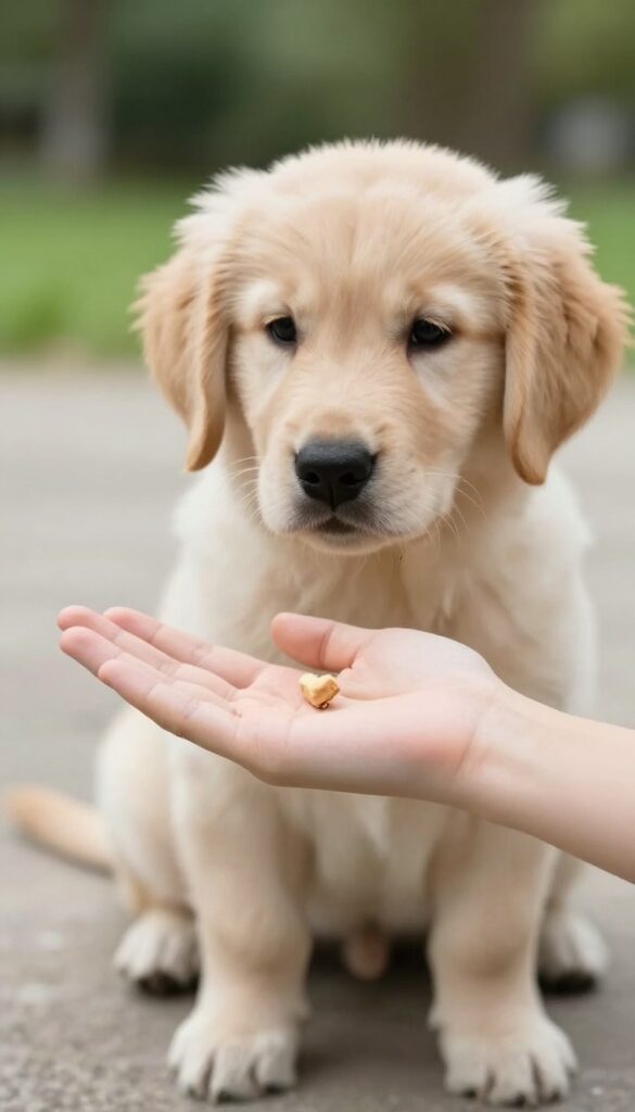 Puppy learning to leave a treat on command during a training session