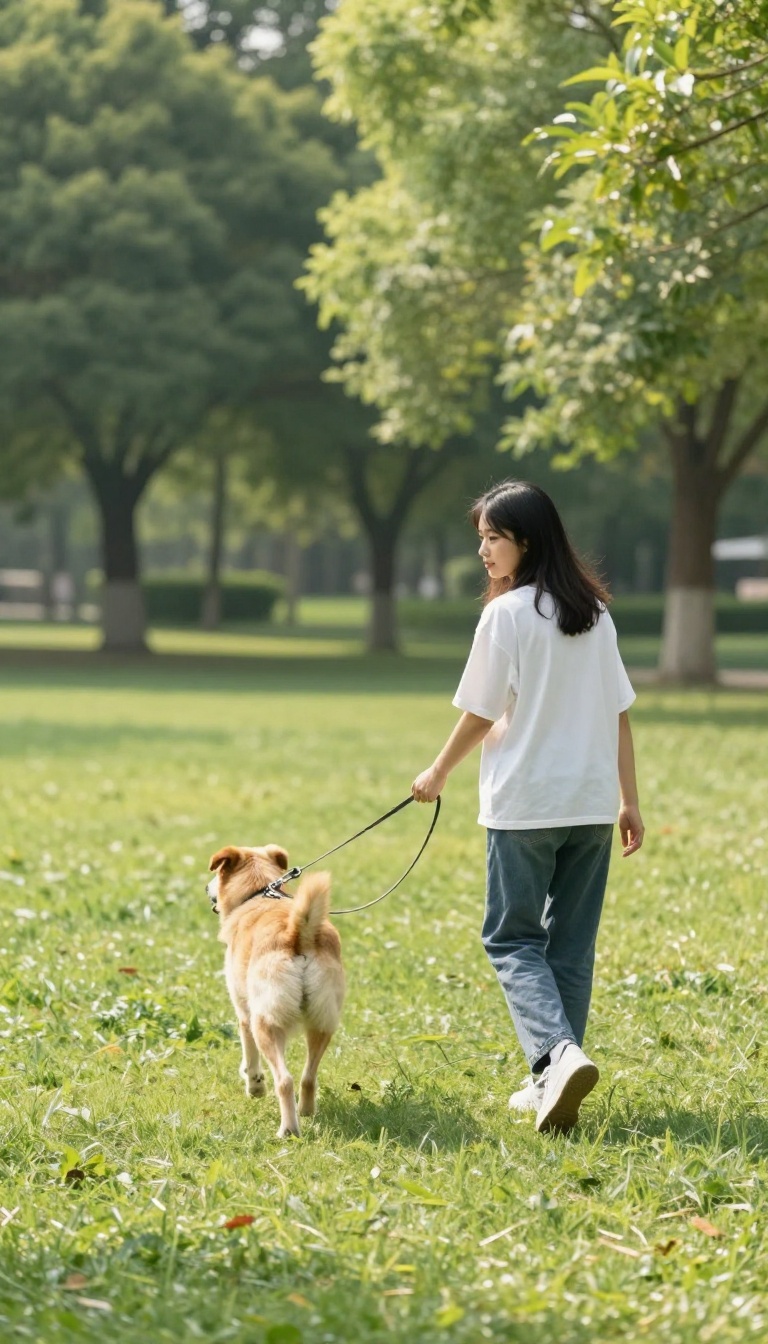 Person and dog performing a U-turn during a walk in a sunny park