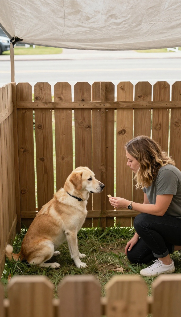 Dog training in a fenced yard with visual barriers blocking the view of passing cars