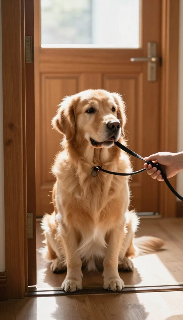 A calm golden retriever sitting patiently on a leash near a closed door in a bright room, illustrating impulse control training.