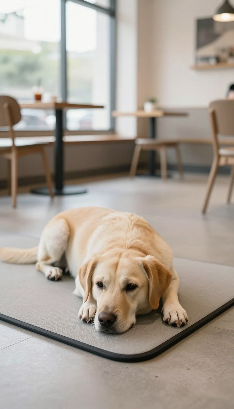 Calm dog settling on a mat in a café