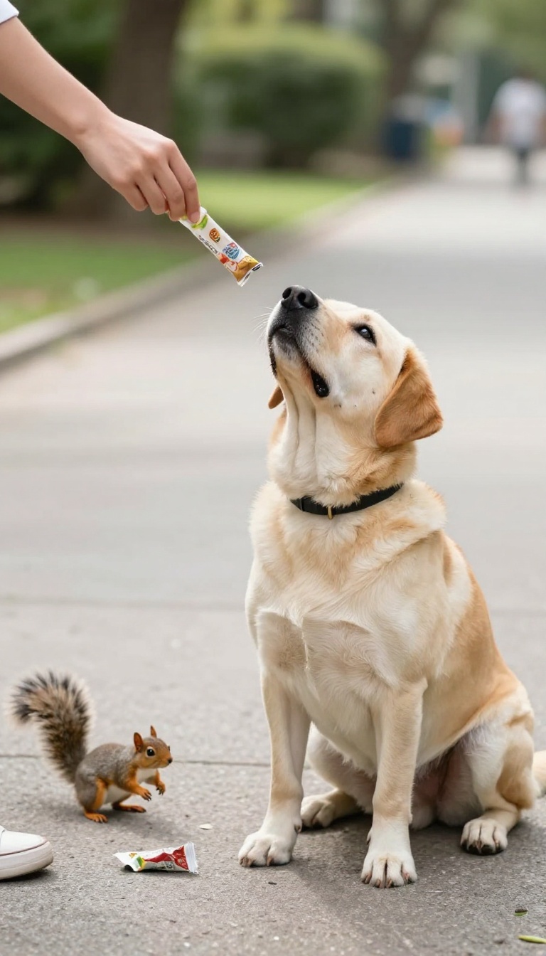 A dog calmly ignoring a squirrel and a blowing wrapper while focusing on its owner during a training session on a sunny sidewalk.