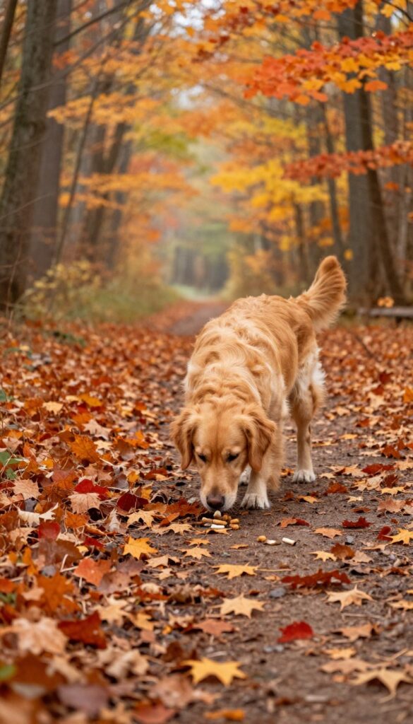 Golden retriever sniffing treats on a fall trail surrounded by colorful leaves