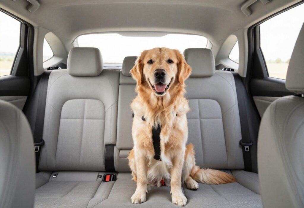 Relaxed dog in car wearing seat belt harness