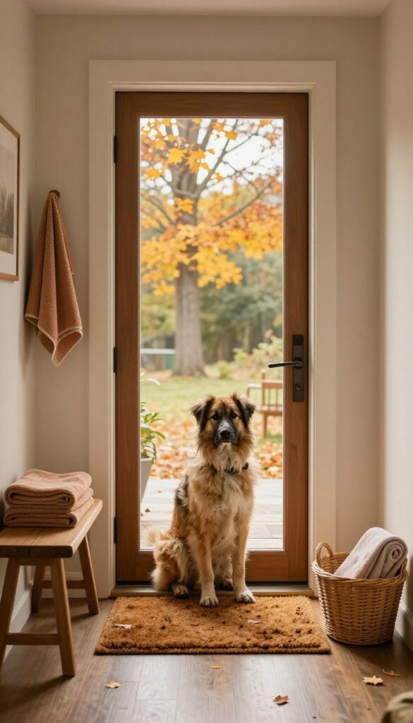Dog with muddy paws sitting by the door, with a towel and basket of towels nearby, in a bright entryway with autumn light.