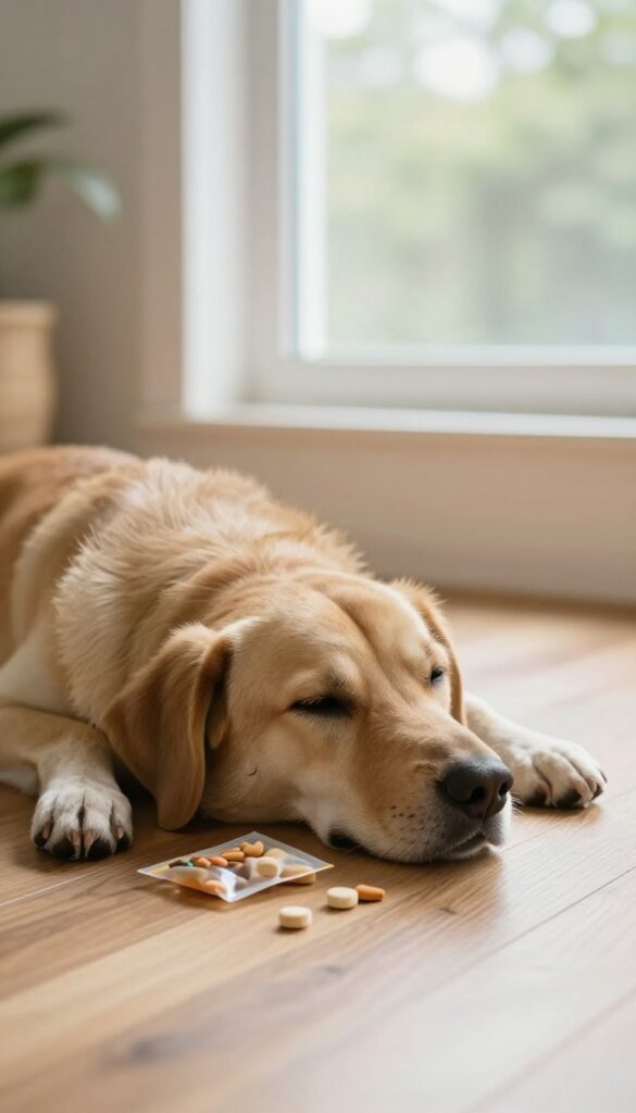 A relaxed dog lying on a wooden floor in a sunlit room with treats nearby