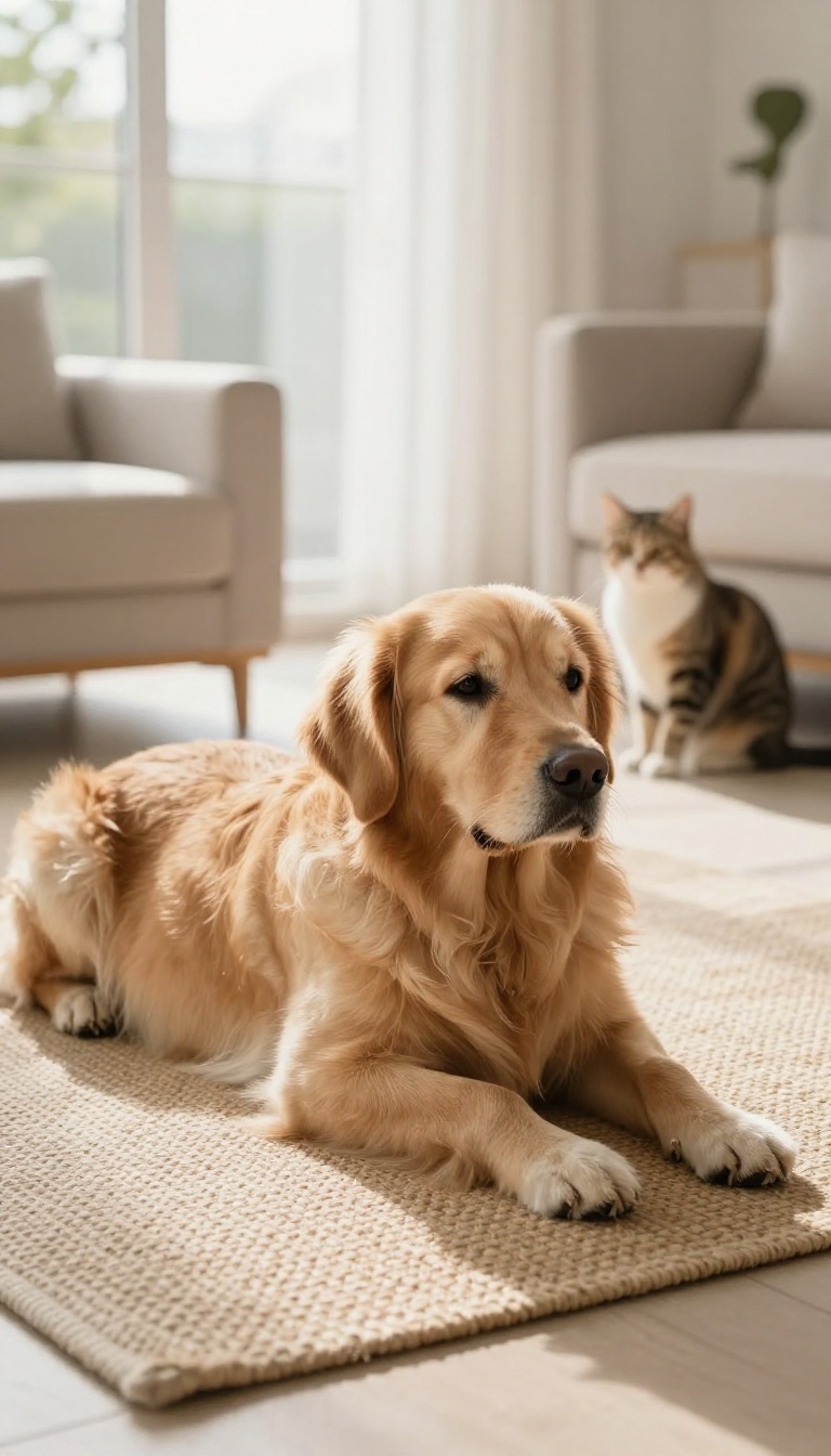 A dog calmly staying on a mat while a cat is in the background, illustrating a training step to reduce cat-chasing.