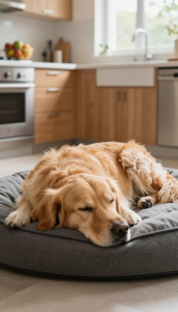 Golden retriever calmly settling on a dog bed in a sunlit kitchen