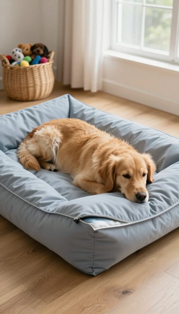 A dog resting on a bed with a waterproof pillow cover in a bright living room