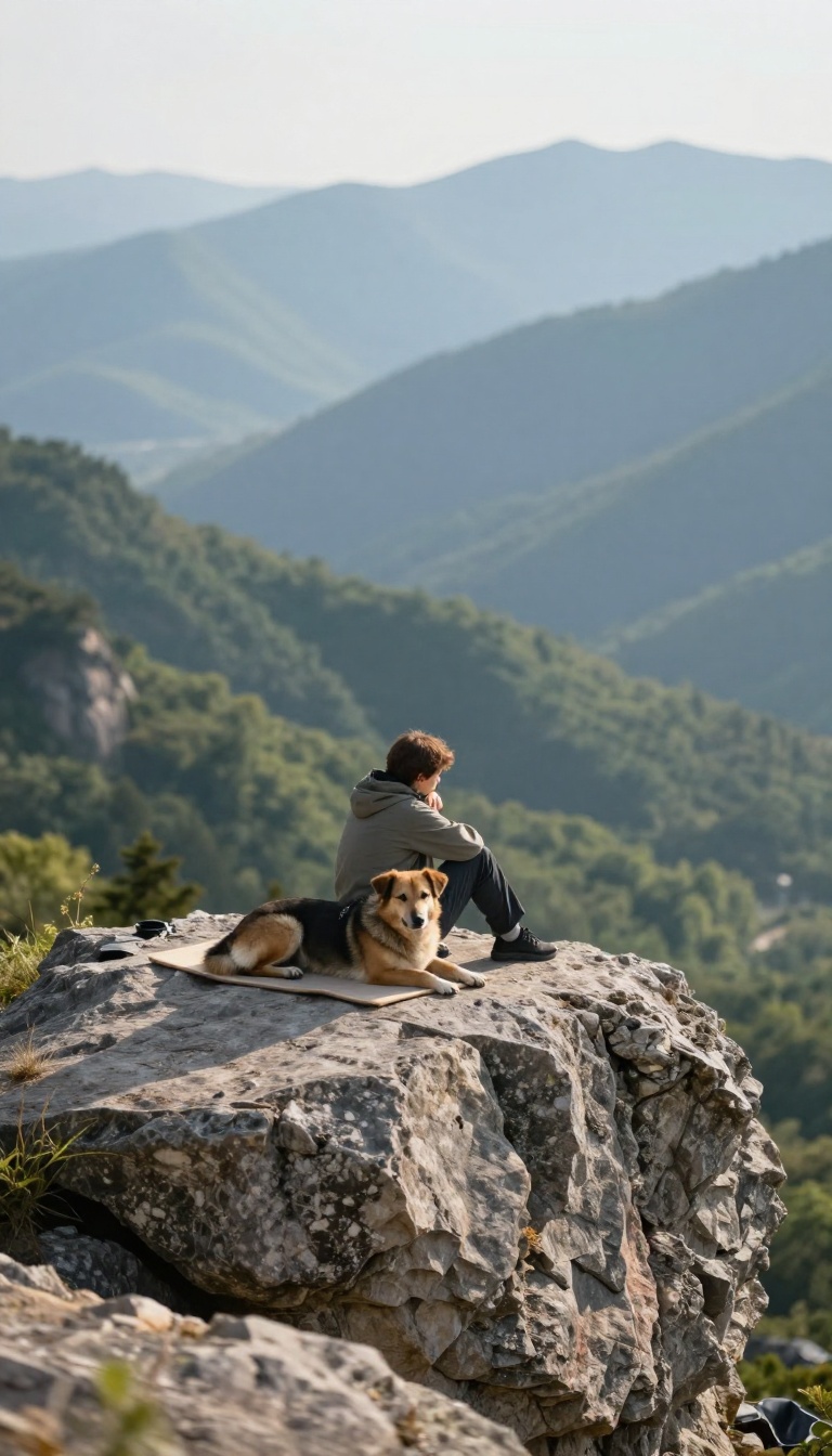 Dog lying calmly on a mat during a hiking rest stop, overlooking a scenic mountain view.